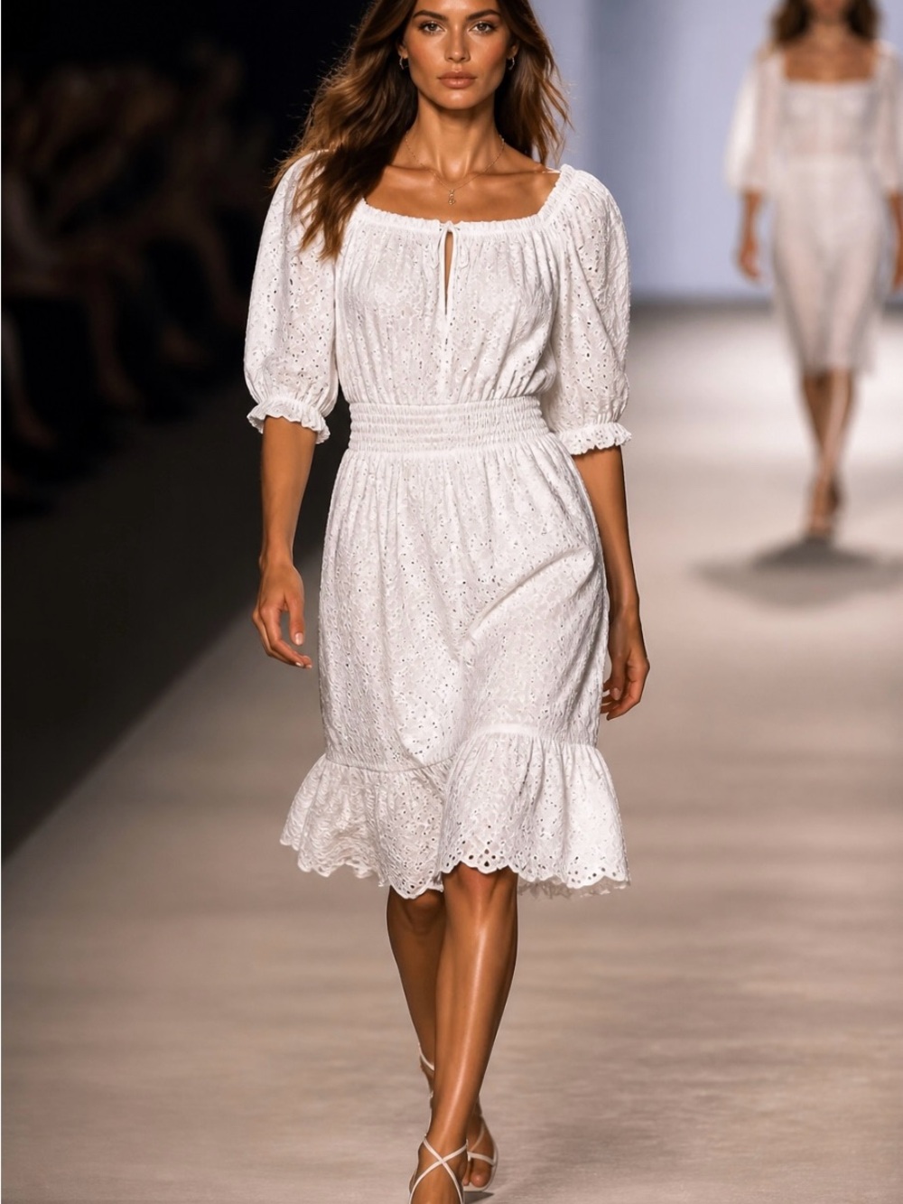 Betsey Johnson White Eyelet Smocked Midi Dress with Puff Sleeves